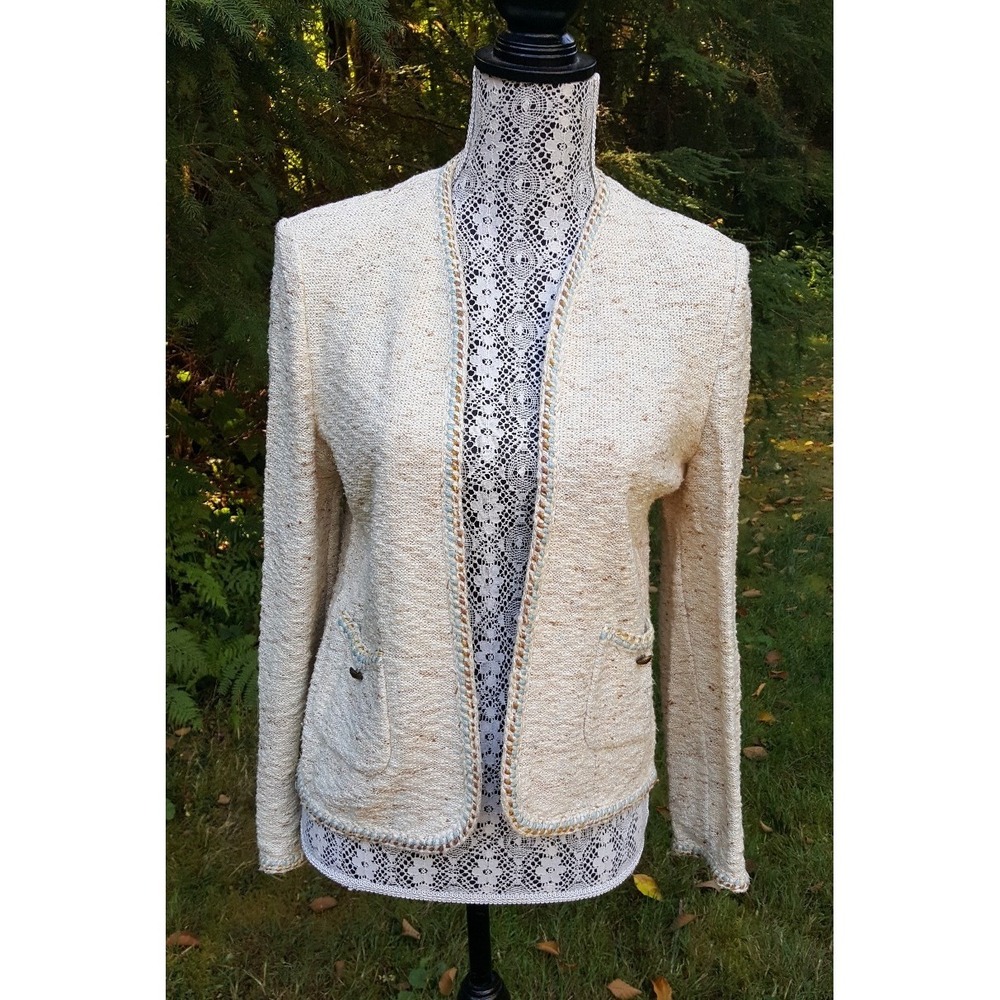 Vintage Castleberry Knit Cardigan Open Blazer Speckled Ecru Boucle Linen Blend S
